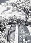  cherry_blossoms cloud greyscale highres monochrome no_humans original outdoors petals railing rooftop scenery sky stairs tree wolrero 