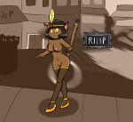  anthro assisted_exposure black_hair brown_body brown_fur car clothing crown embarrasment embarrassed female footwear fur golden_clothes hair headgear hi_res high_heels ivy_(disambiguation) ivy_pepper lackadaisy legwear onomatopoeia revrook solo sound_effects stockings text tiara vehicle yellow_eyes 