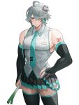  1boy abs alhaitham_(genshin_impact) alpaitham aqua_eyes aqua_necktie black_skirt black_sleeves black_thighhighs closed_mouth cosplay detached_sleeves food genshin_impact grey_hair grey_shirt hair_between_eyes hair_ornament hair_over_one_eye hatsune_miku hatsune_miku_(cosplay) highres holding holding_food holding_spring_onion holding_vegetable looking_at_viewer male_focus multicolored_hair muscular muscular_male necktie otoko_no_ko shirt short_hair skirt solo spring_onion thighhighs vegetable vocaloid white_background 