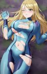  1girl absurdres amayo_thranana blonde_hair blue_bodysuit blush bodysuit breasts breasts_apart green_eyes hair_down hands_up highres large_breasts long_hair lying messy_hair metroid mole mole_under_mouth navel on_back one_eye_closed parted_lips samus_aran skin_tight solo thigh_gap torn_bodysuit torn_clothes zero_suit 