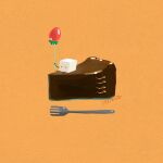  artist_name balloon cake chocolate_cake food food_focus fork fruit issiki_toaki on_food orange_background original pastry strawberry sugar_cube 