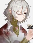  1boy bags_under_eyes black_eyes black_skin blood blood_on_clothes colored_skin dungeon_meshi elf eye_socket fairy fairy_(dungeon_meshi) gorget grey_hair holding long_sleeves male_focus missing_eye mithrun notched_ear one-eyed pointy_ears rerheart shirt short_hair simple_background solo uneven_eyes water wet wet_hair white_background 