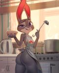  2022 4:5 anthro apron apron_only big_butt breasts bubble_butt butt butt_pose clothing cooking digital_media_(artwork) disney female fur grey_body grey_fur hacatiko hi_res judy_hopps kitchen lagomorph leporid long_ears looking_at_viewer looking_back looking_back_at_viewer mammal mostly_nude open_mouth open_smile pink_nose pose purple_eyes rabbit small_breasts smile smiling_at_viewer solo text url zootopia 