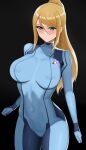  1girl arms_at_sides black_background blonde_hair blue_bodysuit blush bodysuit breasts closed_mouth commentary covered_navel cowboy_shot green_eyes hair_between_eyes high_ponytail highres higofushi large_breasts long_hair looking_at_viewer metroid mole mole_under_mouth ponytail revision samus_aran sidelocks skin_tight solo standing thighs zero_suit 