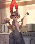  2022 4:5 anthro big_butt breasts bubble_butt butt butt_pose cooking digital_media_(artwork) disney female fur grey_body grey_fur hacatiko hi_res judy_hopps kitchen lagomorph leporid long_ears looking_at_viewer looking_back looking_back_at_viewer mammal nipples nude open_mouth open_smile pink_nose pose purple_eyes rabbit small_breasts smile smiling_at_viewer solo text url zootopia 