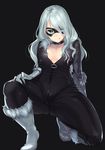  :q ass_visible_through_thighs black_background black_cat_(marvel) blue_eyes blush boots breasts bright_pupils buckle cleavage closed_mouth collar collarbone domino_mask elbow_gloves eyes_visible_through_hair felicia_hardy full_body fur-trimmed_boots fur-trimmed_gloves fur_collar fur_trim gloves hair_over_one_eye hand_on_own_knee highres kagematsuri knee_boots long_hair looking_at_viewer marvel mask medium_breasts naughty_face nose_blush one_knee partially_unzipped silver_hair simple_background skin_tight slit_pupils solo tongue tongue_out very_long_hair white_footwear white_gloves zipper 