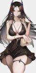  +_+ 1girl absurdres alternate_costume arknights arm_under_breasts bag bare_shoulders black_dress black_hair breasts commentary_request cowboy_shot cross-shaped_pupils demon_girl demon_horns dress fingernails grey_nails handbag highres horns hrk_(dxez4457) ines_(arknights) large_breasts long_hair looking_at_viewer nail_polish simple_background solo symbol-shaped_pupils thigh_strap white_background white_bag yellow_eyes 