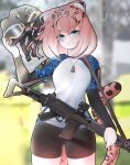  1girl absurdres animal_ear_fluff animal_ears battle_rifle bike_shorts black_shorts blue_eyes blue_shirt blush brown_hair camouflage camouflage_shirt cat_ears cat_girl cat_tail character_request combat_helmet crossed_bangs dog_tags fn_fal gun gun_sling helmet highres jewelry looking_at_viewer necklace neptune_zx original outdoors red_dot_sight rifle shirt shorts skin_tight smile solo tail tight_clothes tight_shirt weapon white_shirt 