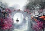  6+others boat bridge cherry_blossoms day holding holding_oar multiple_others nara_watercolor oar original painting_(medium) rowboat rowing scenery traditional_media tree water watercolor_(medium) watercraft 