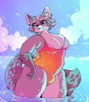  2019 aliasing anthro biped breasts bulge claws cleavage clothed clothing cloud countershade_fur countershading digital_media_(artwork) eyelashes fur gynomorph gynomorph_anthro intersex intersex_anthro mammal open_mouth outside pawpads procyonid raccoon shaded sky solo sparkles standing suippupupu swimwear tail water 