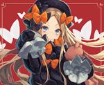 abigail_williams_(fate/grand_order) bangs black_bow black_dress black_hat blonde_hair blue_eyes bow bug butterfly closed_mouth commentary_request dress fate/grand_order fate_(series) forehead hair_bow hat insect long_hair long_sleeves looking_at_viewer object_hug orange_bow parted_bangs polka_dot polka_dot_bow sleeves_past_wrists smile solo stuffed_animal stuffed_toy tamarashi teddy_bear v-shaped_eyebrows very_long_hair 
