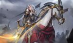 1girl absurdres armor arrow_(projectile) barding belt black_gloves boots bow_(weapon) breasts cleavage dragon flag gloves glowing glowing_eyes glowing_weapon gold_trim grey_hair grey_sky highres holding holding_bow_(weapon) holding_weapon horseback_riding long_hair original outdoors riding sky takamitsu-kun very_long_hair weapon yellow_eyes 