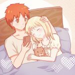  1boy 1girl absurdres artoria_pendragon_(fate) bed blonde_hair closed_eyes closed_mouth couple emiya_shirou fate/stay_night fate_(series) hand_on_another&#039;s_head heart highres holding holding_phone indoors kisaragi_kaede light_smile orange_hair phone pillow saber_(fate) stuffed_animal stuffed_lion stuffed_toy 