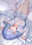  1girl :o absurdres bare_legs barefoot bed_sheet blue_hair blush breasts cleavage fingernails hair_between_eyes hair_spread_out highres idolmaster idolmaster_shiny_colors indoors knees_up long_hair looking_at_viewer lying medium_breasts no_pants on_back open_collar pillow shirt solo suzuki_hana uouokuma upside-down very_long_hair white_shirt 