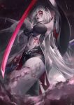  1girl absurdres acheron_(honkai:_star_rail) armpits belt black_belt black_shorts blood blood_from_eyes breasts commentary english_commentary flower highres holding holding_sword holding_weapon honkai:_star_rail honkai_(series) kagi_(dicedkey) katana leg_tattoo navel official_alternate_color parted_lips rain red_eyes red_flower red_lips shorts sword tattoo thighs weapon white_hair wide_sleeves 