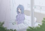  1girl ahoge bed blue_eyes blue_hair cellphone highres holding holding_phone hospital hospital_bed intravenous_drip iv_stand long_hair long_sleeves looking_outside pajamas phone sakura_school_simulator smartphone window yuu_sakura_urara 