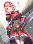  1girl armor braid breastplate cape clear_glass_(mildmild1311) cowboy_shot fire_emblem fire_emblem_engage grey_hairband hairband highres lapis_(fire_emblem) navel pink_eyes pink_hair pleated_skirt red_armor red_cape red_hairband red_skirt ribbon side_braid skirt solo speech_bubble standing torn_clothes two-tone_hairband white_ribbon 