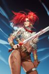  1girl blood blood_on_weapon bracelet brown_shorts earrings green_eyes high_ponytail highres holding holding_sword holding_weapon jewelry leirix long_hair looking_at_viewer red_hair red_sonja red_sonja_(comics) short_shorts shorts signature solo sword torn_clothes torn_shorts weapon 