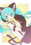  1girl animal_ear_headphones animal_ears animal_hands arm_strap azurite0012 bell blue_eyes blue_hair blush cat_ear_headphones cat_ears cat_tail collared_shirt colored_eyelashes fake_animal_ears fang gloves hatsune_miku headphones headset long_hair looking_at_viewer neck_bell nyan_ko_(module) open_mouth paw_gloves project_diva_(series) shirt short_sleeves solo suspenders tail twintails vocaloid 