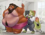 anthro bathroom belly belly_overhang belly_rolls big_belly black_mane bottomwear claws clothed clothing disney dragontzin duo fat_cheeks feathers felid from_front_position fur green_body hairy_belly hand_on_belly hi_res high-angle_view hindpaw lion looking_at_another looking_at_object looking_back looking_back_at_another lying male mammal mane moobs morbidly_obese morbidly_obese_anthro navel obese obese_anthro obese_male on_back on_side open_mouth orange_body orange_fur overweight overweight_anthro overweight_male pantherine pastries paws scalie scar_(the_lion_king) signature size_difference snapping_fingers solo tail tail_tuft teeth the_lion_king tight_bottomwear tight_clothing toe_claws touching_underwear tuft underwear underwear_only
