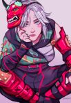  1girl absurdres apex_legends black_nails black_pants blue_eyes bright_pupils chest_sarashi demon&#039;s_whisper_wraith grey_background grey_hair hand_on_own_cheek hand_on_own_face highres indian_style looking_at_viewer mask mask_on_head official_alternate_costume oni_mask pants sarashi shadow simple_background sitting solo v-shaped_eyebrows wasabi_(vowsbid) white_pupils wraith_(apex_legends) 