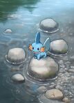  blue_skin colored_skin dorobo_93 fins head_fins highres mudkip no_humans on_rock open_mouth pokemon pokemon_(creature) ripples rock sitting sitting_on_rock solid_oval_eyes tail water 