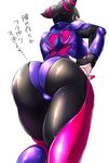  ass ass_focus biker_clothes bikesuit black_hair bodysuit breasts commentary_request drill_hair from_behind han_juri hand_on_hip large_breasts leaning_forward leotard marimo_(yousei_ranbu) nail_polish pantyhose skin_tight solo street_fighter street_fighter_v translated twin_drills 