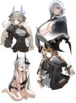  4girls arknights ascot bare_shoulders bikini black_bikini black_dress black_horns black_jacket blonde_hair braid breasts brown_eyes center_opening character_request cleavage closed_mouth commentary_request demon_girl demon_horns dress gladiia_(arknights) grey_hair hat highres horn/wood horns huge_horns jacket juliet_sleeves large_breasts light_in_heart long_hair long_sleeves looking_at_viewer low_twin_braids low_twintails mudrock_(arknights) multiple_girls one_eye_closed pointy_ears puffy_sleeves red_eyes reed_(arknights) shirt simple_background sin_chronicle sitting sketch smile swimsuit twin_braids twintails upper_body wariza white_ascot white_background white_hair white_shirt witch_hat yellow_eyes 