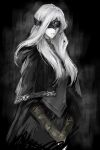  1girl ashi_(dongshi389) bandaged_arm bandages black_cape black_capelet cape capelet closed_mouth commentary_request covered_eyes dark_background dark_souls_(series) dark_souls_iii dress eye_mask fire_keeper grey_dress grey_hair grey_shirt hair_over_shoulder highres long_hair pale_skin shirt solo standing 