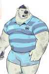  2024 absurd_res angry anthro arm_hair bear biceps big_muscles blue_bottomwear blue_clothing blue_shorts body_hair bottomwear bruised chest_hair clothing dirty dramamine ear_piercing forearm_hair forearms hairy hi_res male mammal musclegut muscular pattern_clothing pattern_shirt pattern_topwear pecs piercing rugby_uniform shirt shorts simple_background solo standing striped_clothing striped_shirt striped_topwear stripes topwear torn_clothing torn_shirt torn_topwear triceps white_background 
