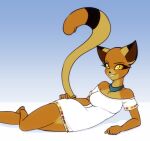  2023 anthro anthrofied bald biped black_ear_tips blue_jewelry blue_necklace breasts clothing countershade_fur countershading dipstick_ears domestic_cat dress ear_markings eyelashes feet felid felidae_(felidae) felidae_(film) feline felis female flat_colors fur gradient_background hand_on_hip hi_res jewelry lying mammal multicolored_ears necklace nhozemphtekh_(felidae) on_side pinup pose scorpdk simple_background slim smile solo tail tan_body tan_fur white_clothing white_dress yellow_eyes 