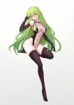  1girl :o absurdres black_gloves black_thighhighs blush breasts c.c. code_geass full_body gloves green_hair groin hand_in_own_hair hand_up high_heels highleg highleg_leotard highres invisible_chair leotard long_hair medium_breasts open_mouth see-through see-through_leotard simple_background sitting solo thighhighs very_long_hair white_background yellow_eyes zhazhupai24 