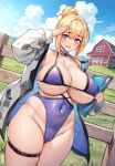 1girl absurdres blonde_hair breasts character_request choker collar copyright_request hair_bun highres large_breasts looking_at_viewer open_mouth salute smile solo swimsuit thick_thighs thigh_strap thighs wow_(cor369) 