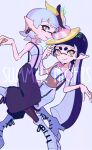  2girls arm_up baggy_pants bare_shoulders black_hair black_pants black_pantyhose blunt_bangs boots breasts bright_pupils callie_(splatoon) chain chain_earrings closed_mouth commentary english_text food food_on_head foot_out_of_frame fruit grey_background grey_hair grin hand_on_own_head holographic_clothing imaikuy0 inkling lemon lemon_slice long_hair looking_at_viewer marie_(splatoon) mole mole_under_eye multiple_girls object_on_head official_alternate_costume official_alternate_hairstyle orange_eyes oyster pants pantyhose pointy_ears short_hair shrimp skirt small_breasts smile splatoon_(series) splatoon_3 star-shaped_pupils star_(symbol) strapless suspenders symbol-only_commentary symbol-shaped_pupils tentacle_hair thick_eyebrows tube_top twintails very_long_hair white_footwear white_pupils zipper zipper_pull_tab zipper_skirt 