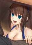  1girl absurdres aozaki_aoko bare_shoulders besmiled blue_camisole blue_eyes blush breasts brown_hair camisole cleavage hair_intakes highres large_breasts long_hair looking_at_viewer mahou_tsukai_no_yoru open_mouth ponytail sidelocks smile solo_focus 