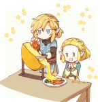  1boy 1girl blonde_hair blue_eyes blue_shirt braid broccoli champion&#039;s_tunic_(zelda) cheese cheese_wheel chibi commentary crown_braid diagonal_striped_background fire food green_eyes holding holding_knife kaidou_mitsuki knife link open_mouth own_hands_together plate pointy_ears princess_zelda raclette shirt short_ponytail sidelocks sitting standing symbol-only_commentary table the_legend_of_zelda the_legend_of_zelda:_tears_of_the_kingdom 