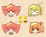  4girls a.i._voice adachi_rei ahoge chaun_meguri chibi chibi_only closed_eyes closed_mouth commentary crossed_bandaids drill_hair emoji facing_viewer finger_to_mouth gloves green_hair grey_jacket grey_shirt hair_ornament hair_ribbon hairclip headlamp headset hyouenn jacket kasane_teto kasane_teto_(sv) long_sleeves looking_at_viewer medium_hair multiple_girls one_side_up open_clothes open_jacket open_mouth orange_hair original radio_antenna red_eyes red_hair red_ribbon ribbon shirt shushing smile sparkle straight-on sunglasses symbol-only_commentary synthesizer_v triangle_mouth twin_drills utau white_gloves white_jacket white_ribbon zzz 
