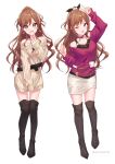  1girl absurdres bang_dream! belt boots bow brown_hair chain_belt choker earrings full_body green_eyes hair_bow half_updo hand_up highres imai_lisa jewelry long_hair long_sleeves looking_at_viewer meronnpannpi multiple_views necklace off-shoulder_shirt off-shoulder_sweater off_shoulder open_mouth shirt skirt smile sweater thigh_boots v_over_mouth very_long_hair 