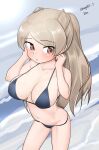  1girl absurdres bikini black_bikini breasts brown_eyes cleavage conte_di_cavour_(kancolle) feet_out_of_frame from_behind grey_hair highres kantai_collection large_breasts long_hair looking_at_viewer maru_(marg0613) one-hour_drawing_challenge solo swimsuit two_side_up 