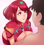  1boy 1girl between_breasts blush breasts center_opening clothed_sex cum cum_on_breasts ejaculation facial greenmarine highres homura_(xenoblade_2) large_breasts looking_at_another paizuri red_hair sex short_hair smile underboob xeno_(series) xenoblade xenoblade_2 