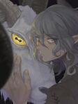  1boy animal demon dungeon_meshi elf goat goat_(dungeon_meshi) grey_eyes grey_hair hands_on_another&#039;s_face high_collar highres horizontal_pupils horns kzmoch1 light_frown looking_at_viewer male_focus medium_hair mithrun pointy_ears solo symbol-shaped_pupils wavy_hair yellow_eyes 