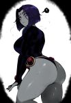  1girl ? ass breasts colored_skin colorized curvy dc_comics grey_skin highres huge_ass looking_at_viewer masoq medium_breasts no_pants partially_colored purple_hair raven_(dc) sideboob solo sweatdrop teen_titans third-party_edit third-party_source witch 