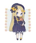  abigail_williams_(fate/grand_order) ayu_(mog) bangs black_bow blonde_hair blush bow bubble_skirt closed_mouth dress fate/grand_order fate_(series) hair_bow hat long_hair long_sleeves looking_at_viewer orange_bow parted_bangs polka_dot polka_dot_bow purple_dress purple_eyes purple_hat shoe_bow shoes skirt sleeves_past_wrists solo standing very_long_hair 