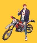  1boy bbbb_fex black_jacket denim hand_on_own_thigh highres iori_haruma jacket jeans kamen_rider logo male_focus motor_vehicle motorcycle pants red_hair ride_kamens shirt shoes simple_background sneakers thumbs_up white_shirt yellow_background 
