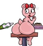  2024 accessory anthro bear big_butt bow_ribbon breasts butt chipmunk condiment digital_drawing_(artwork) digital_media_(artwork) duo female flippy_(htf) food fries giggles_(htf) ground_squirrel hair_accessory hair_bow hair_ribbon happy_tree_friends hi_res ketchup lewdewott looking_at_another looking_back looking_back_at_another male mammal open_mouth pie_cut_eyes raised_tail rear_view ribbons rodent sciurid simple_background sitting sitting_on_stool tail thick_thighs white_background 