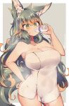 1girl animal_ear_fluff animal_ears breasts cleavage commentary_request drinking green_hair grey_background hair_between_eyes hand_on_own_hip kuromiya kuromiya_raika_(kuromiya) large_breasts long_hair milk multicolored_hair naked_towel orange_hair original solo standing towel twitter_username two-tone_background two-tone_hair white_background 