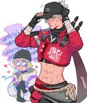 2girls abs apex_legends artist_name bandaged_arm bandages baseball_cap beanie black_gloves black_hat black_shirt blonde_hair blush cropped_jacket cropped_shirt electric_incognito_wattson english_text fingerless_gloves gloves grey_hair hat heart highres jacket looking_ahead multiple_girls navel red_jacket shirt short_hair simple_background street_smart_wraith sweat thought_bubble wasabi_(vowsbid) wattson_(apex_legends) white_background wraith_(apex_legends) yuri 