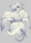  absurdres animal_focus bird_wings claws covered_face falling_petals feathered_wings from_behind grey_background head_wings highres monster multiple_wings natuooooooooooo no_humans original petals simple_background solo tail too_many_wings white_wings wings 