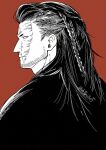  1boy alternate_hair_length alternate_hairstyle bara boku_no_hero_academia braid endeavor_(boku_no_hero_academia) expressionless from_behind greyscale_with_colored_background highres ichijiku3105 long_hair looking_at_viewer male_focus mature_male profile scar scar_across_eye scar_on_face single_braid solo tsurime undercut upper_body 