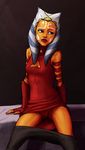  ahsoka_tano alien blue_eyes breasts cleavage clone_wars clothed clothing dress female fingerless_gloves front_view gloves humanoid humanoid_hands looking_away no_underwear not_furry orange_skin pants pants_down partially_clothed portrait pussy sitting solo star_wars three-quarter_portrait togruta tourbillon 